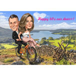 Paar mit Fahrrad-Abenteuer-Fahrt mit individuellem Hintergrund im farbigen Stil für Geschenk