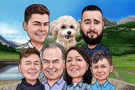 Grupi karikatuur ranna taustal