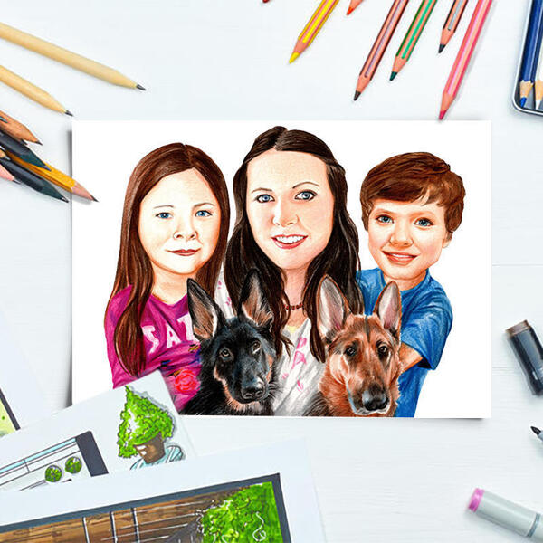 Família com caricatura de animais de estimação desenhada à mão a partir de fotos como impressão de pôster