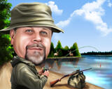 Fiskeri Kid karikatur med sø baggrund