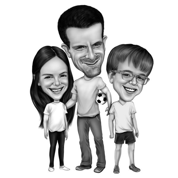 Padre con hija e hijo, dibujo de caricatura alta en estilo blanco y negro