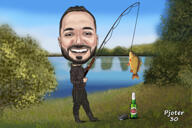 Fisherman Caricature with Fish and Fishing Rod