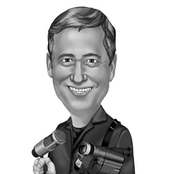 Newsman Reporter Cartoon Portrait Caricature in Black and White Style