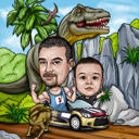 Isa koos lapsega: kohandatud karikatuur mis tahes sõidukis
