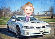Dibujo de dibujos animados de estilo coloreado - Persona con caricatura de placa de matrícula personalizada de automóvil