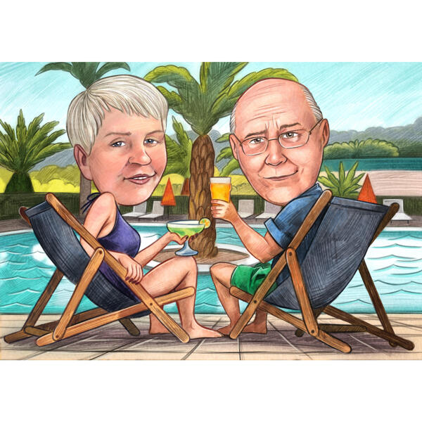 Pāris uz sauļošanās krēsla krāsas stila karikatūras ar pielāgotu atvaļinājuma fonu