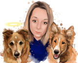 Retrato conmemorativo del dueño con sus mascotas en estilo acuarela