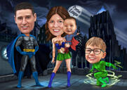 Famiglia di supereroi con caricatura di bambini con sfondo di città