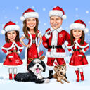 Christmas Santa Family with Pets Caricature