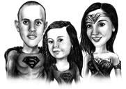 Retrato de dibujos animados de pareja con niño familia superhéroe en estilo blanco y negro