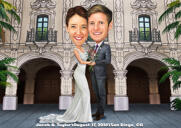Braut- und Bräutigam-Cartoon mit Veranstaltungsort-Hintergrund