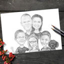 Kohandatud perekond koos plakatikingituseks mustvalges käsitsi joonistatud koeraportreega