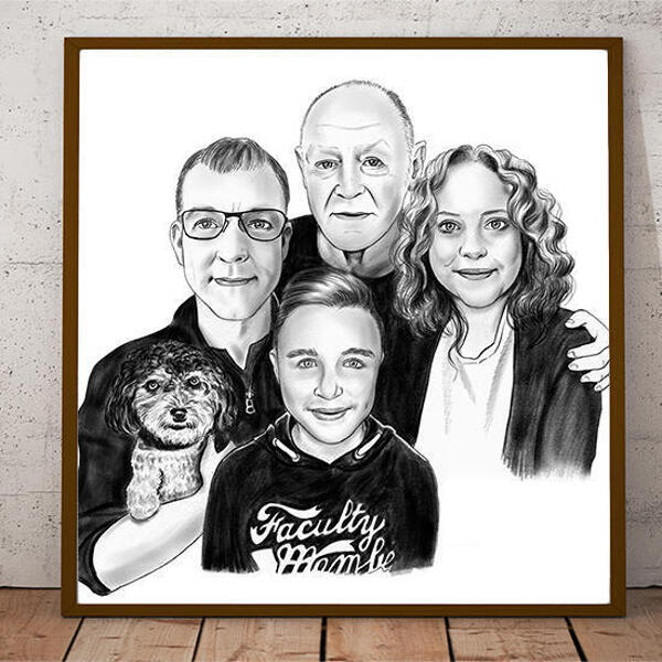 Pielāgota ģimene ar suņa portretu, kas zīmēts ar roku melnbaltā stilā kā plakāta dāvana