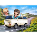 Traveling Couple by Bus Caricature in Color Style with Custom Background