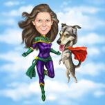 Superhero Caricature with Dog