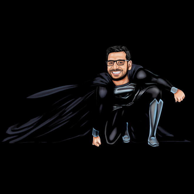 Happy Man Supersankari karikatyyri mustassa puvussa ja taustalla käsin piirretty valokuvista