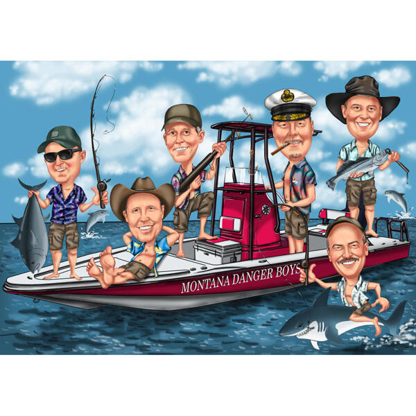 Fishermen Group on Boat Cartoon Drawing