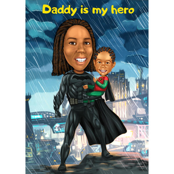 Förälder med Kid Superhero Caricature från foton på anpassad bakgrund