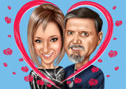 Caricatura di coppia romantica su poster con cuore rosso