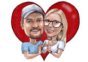 زوجان يصنعان يد قلب كاريكاتير رومانسي من الصور بخلفية ملونة واحدة