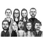Velká rodinná skupinová karikatura v černobílém stylu