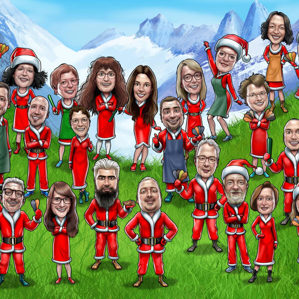 Caricatura di gruppo che indossa abiti da Babbo Natale
