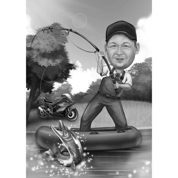 Карикатура на рыбака в полный рост в черно-белом стиле с индивидуальным фоном