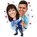 Retrato de casal em desenho animado com pequenos corações
