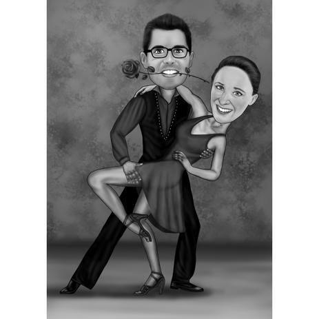 Caricature de tango de couple personnalis dans un style noir et bl