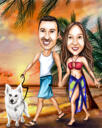 Casal com animal de estimação - caricatura colorida personalizada de fotos com plano de fundo