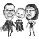 Couple with Kid Family Superhero Cartoon Portrait in Black and White Style
