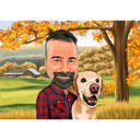 مالك مع كاريكاتير الحيوانات الأليفة مع خلفية الخريف - فكرة هدية لمحبي الحيوانات الأليفة