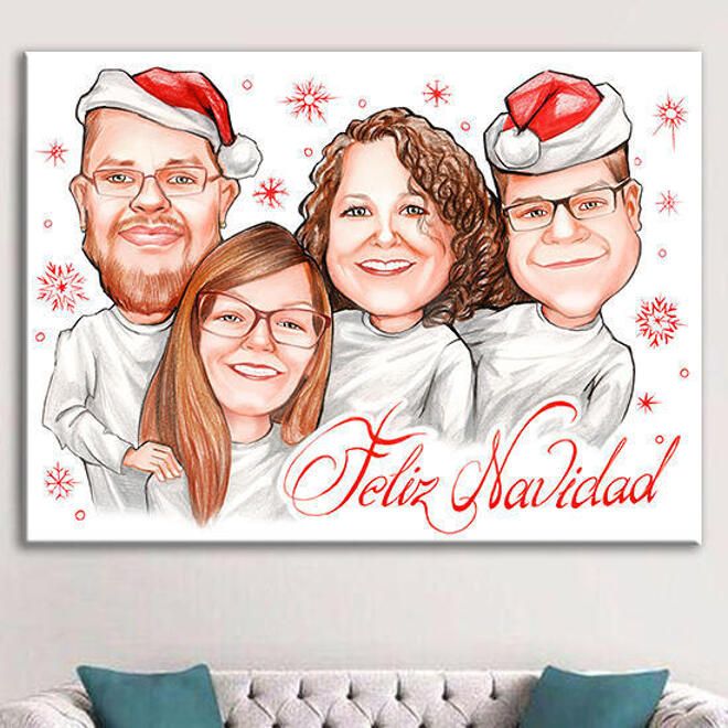 Ondergedompeld Onderzoek winnaar Kerstfamiliekarikatuur op canvas voor gepersonaliseerd cadeau