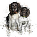 Stor og lille hundekarikaturportræt i naturlig akvarelstil fra fotos