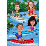 Caricatură de familie cu canoe de rafting