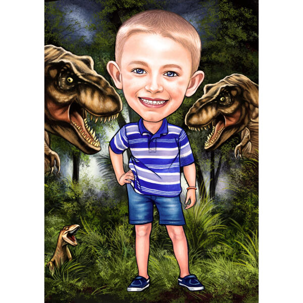 Kid Jurassic Park Themed Caricature Drawing with Dinosaur Background