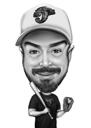 Caricature de joueur de baseball en noir et blanc