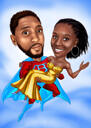 De mãos dadas - Caricatura de casal de super-heróis