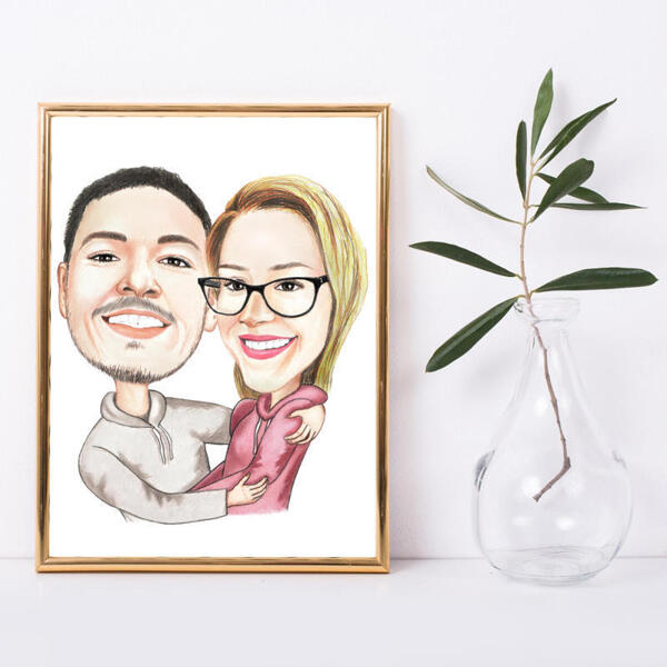 Couple Hug Caricature Dessin avec fond blanc sur Poster Print