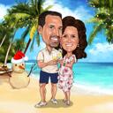 Karikatur eines Paares im Urlaub vor tropischem Strandhintergrund