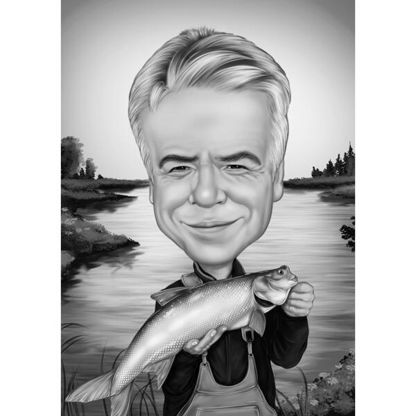 Zvejnieka augstas karikatūras glezna ar ezera fonu melnbaltā stilā