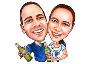 Dibujo caricaturesco de una pareja a partir de una fotografía.