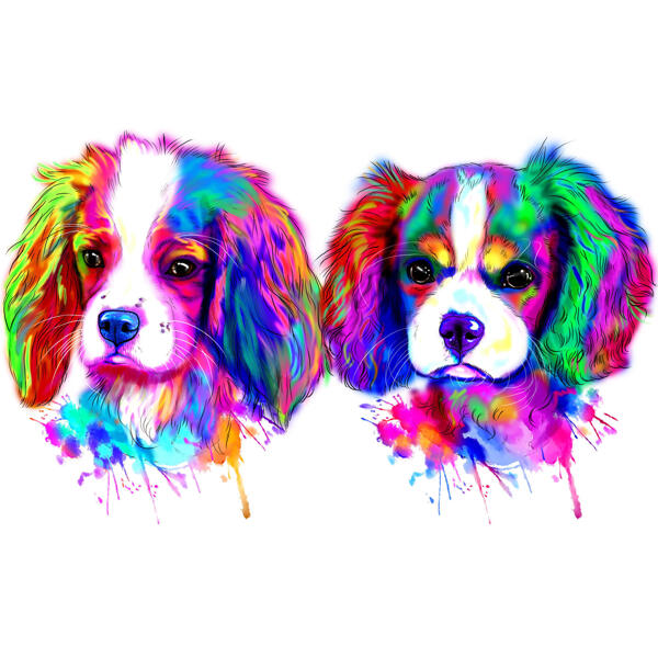 Par spanielhunde Karikaturportræt i Bright Neon Watercolor Style fra fotos