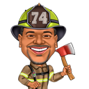 Bijl zwaaiende brandweerman overdreven karikatuur