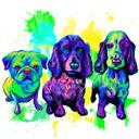 Tre hundar gruppporträttkarikatyr i regnbågens akvareller, helkroppstyp