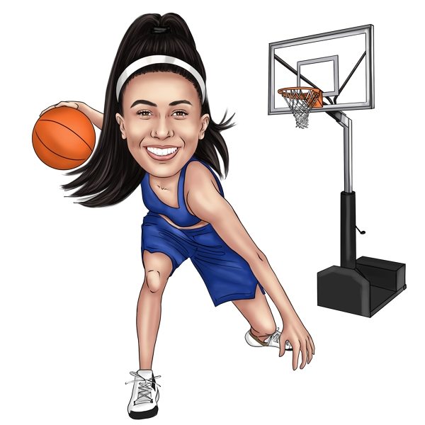 Caricatura de jogadora de basquete feminina em momento de jogo