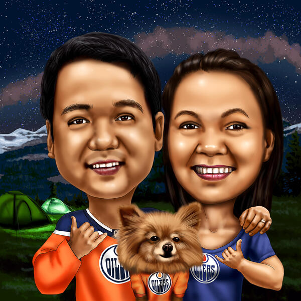 Couple with Pet on Camping in Colored Head and Shoulders Caricature from Photos