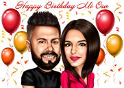 Due persone buon compleanno alta caricatura disegno regalo in stile colore dalle foto